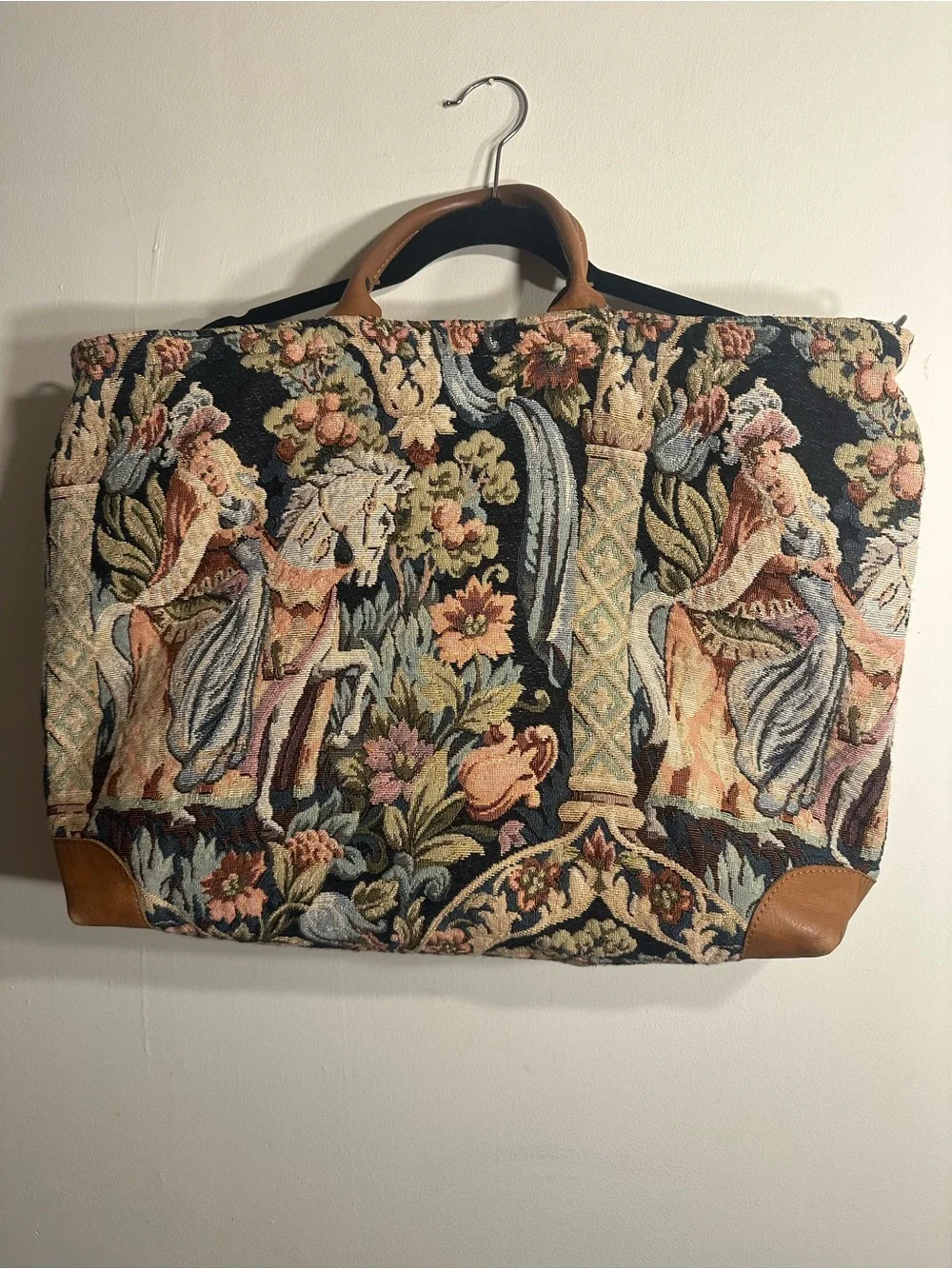 Vintage Tapestry Tote Bag with Leather Trim - Black Floral Scene & Horse